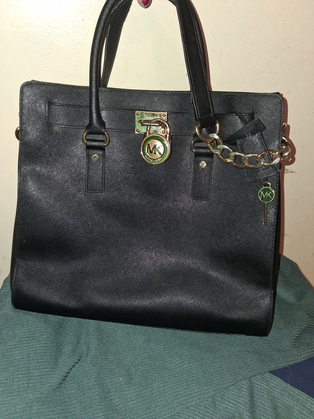 Michael Kors Black Leather Tote with Gold Accent Charm